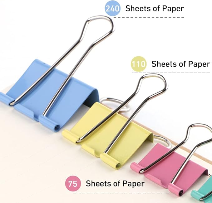 60pcs Colored Binder Clips Paper Clamps Assorted Size Small, Medium, Large Binder Paper Clips