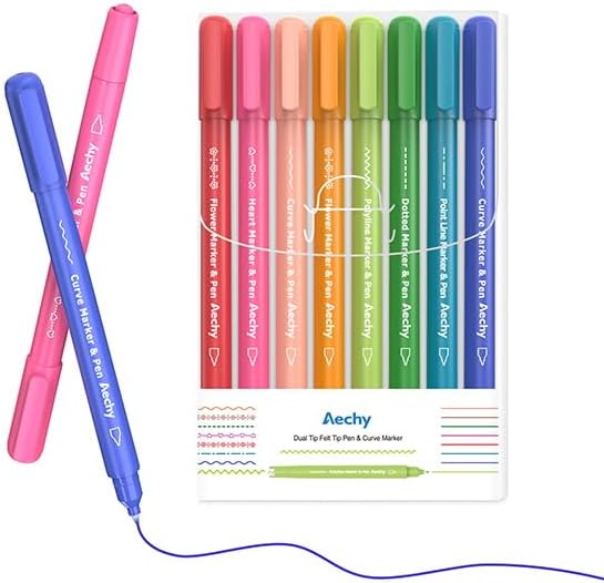 AECHY Curve highlighter pens for Note Taking, Dual Tip Pens with 6 Different Curve Shapes & 8 Colors Fine Lines, Colored Curve Flair Pen Set for Kids Journaling Scrapbook Note Taking Supplies(Rainbow)