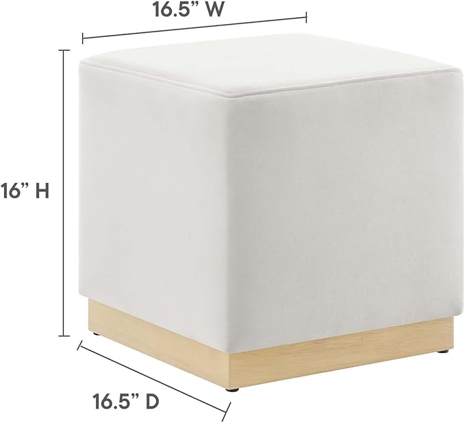 Modway Tilden 17 Inch Square Performance Velvet Upholstered Ottoman in Alabaster Natural - Small Ottoman Foot Rest with Rubberwood Plinth Base - Living Room Ottoman Side Table,
