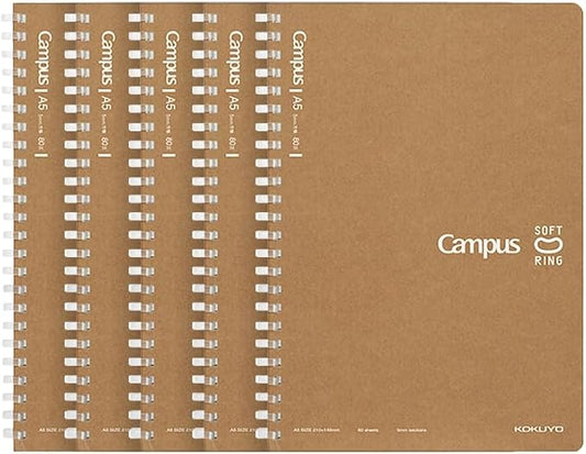 KOKUYO Spiral Graph Notebook, 5 Pack A5 Business Soft Ring Notebooks with 5mm Grid Ruled, 8.3'' x 5.8'' Journal with 80 Perforated Sheets, Kraft Notebook for Men, Note Take for Work (WCN-CSR3811)