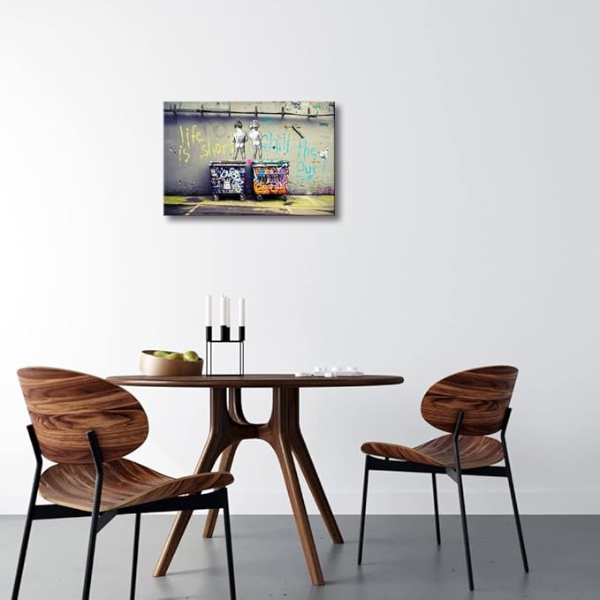 Wieco Art Gallery Wrapped Canvas Prints Life is Short Chill the Duck Out Banksy Boys Artwork Reproduction Graffiti Poster Print on Canvas Wall Art for Bedroom Home Kitchen Decorations