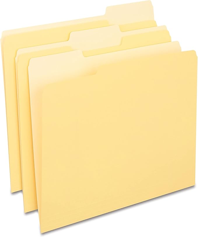 Staples File Folders, Letter Size, 1/3‑Cut Tabs, Assorted Positions, Yellow, Durable Paper Stock, 100/Pack