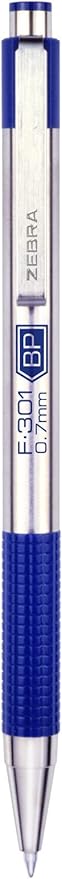 Zebra Pen F-301 Ballpoint Blue Ink Fine Point 0.7mm Pen, Easy-Glide Ink, Stainless Steel Retractable, Non-Slip Grip, Professional Design, Ideal for Office, Journal and Planner Use, 2-Pack (27122)