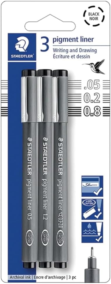 STAEDTLER Pigment Liner 10-Pack (10 sets of 3 pcs), Black, 3 Pens, Assorted Line Widths 0.05mm/0.2mm/0.8mm, 308-9SBK3, 30 Count