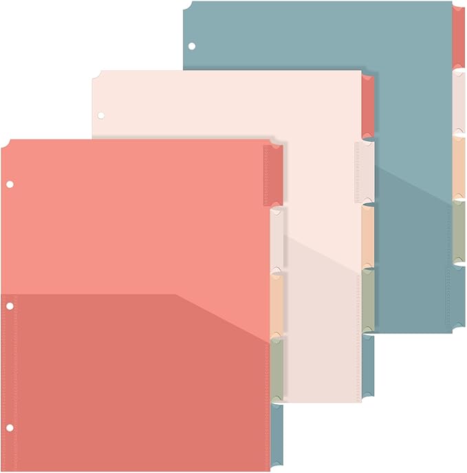3 Sets 5 Tab Binder Dividers with Pockets for 3 Ring Plastic Binders 9.3 x 11.2 Inches 3 Hole Punched Page Dividers Sturdy Colorful Divider for Office School Business Home Organizer (Vintage Color)