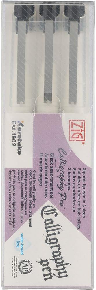 Kuretake ZIG CALLIGRAPHY PEN SQUARE Tip BLACK 3 Set, 1mm, 2mm, 3mm, For Italic and Gothic Calligraphy Beginners, AP-Certified, Odourless, Xylene Free, Professional quality, Made in Japan