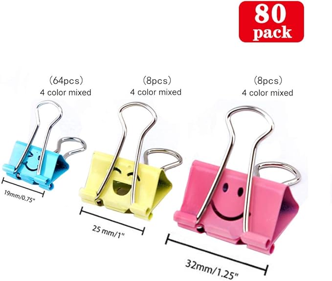 【80pack】 Binder Clips, Limque Paper Clips,Paper Clamps with Colored Cute Hollow Smiling Face,80 Pcs Assorted Size Clip, for Office,Teacher Gifts and Kitchen