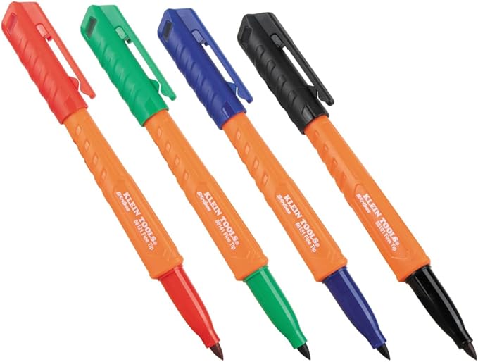 KLEIN TOOLS 861914 Skribes Fine Tip Permanent Markers, Assorted Colors, Hard Hat Clip, Multi-Surface Jobsite Marker for Wet, Dry and Oily Surfaces, 4-Pack