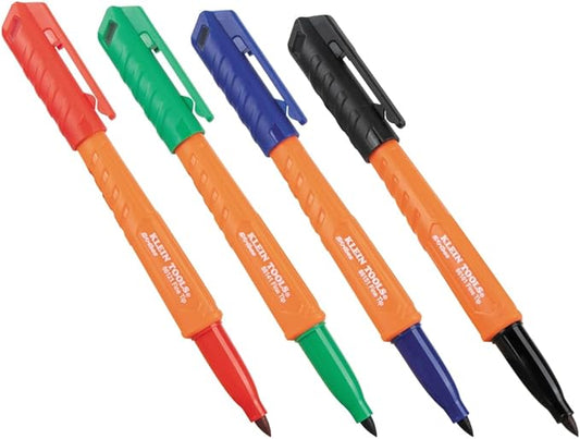 KLEIN TOOLS 861914 Skribes Fine Tip Permanent Markers, Assorted Colors, Hard Hat Clip, Multi-Surface Jobsite Marker for Wet, Dry and Oily Surfaces, 4-Pack