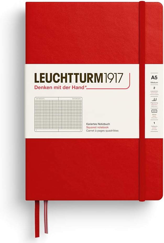 LEUCHTTURM1917 373979 Notebook Medium (A5), Hardcover, 251 Numbered Pages, Cherry, Squared