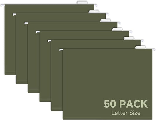 50pcs Green Hanging File Folders,Filing Cabinet, Letter Size with 1/5-Cut Adjustable Tab Durable, 50 pcs Per Box