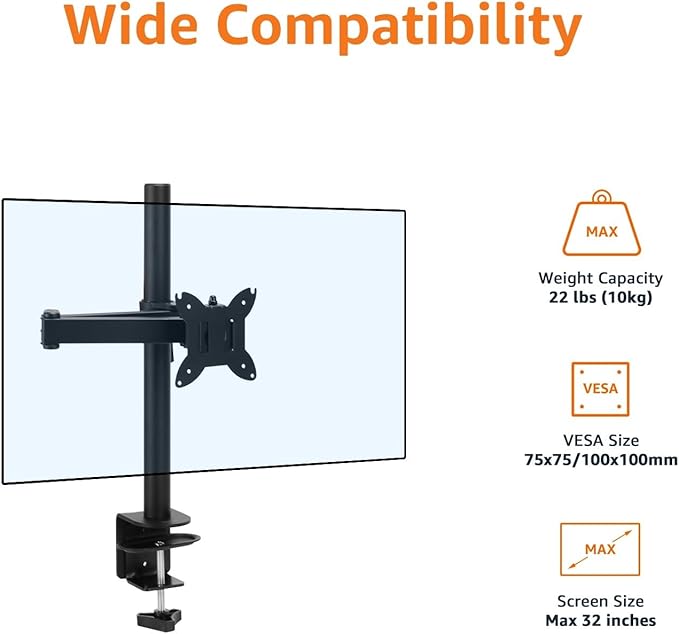 Amazon Basics Adjustable Single Computer Monitor Desk Mount Arm, Holds up to 32" and Ultrawide Monitors, Black