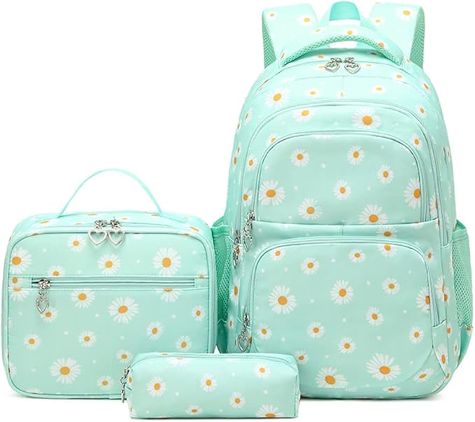 YJMKOI 3Pcs Daisy Prints Backpack for Girls Middle-School Elementary Students Bookbag Set with Lunch Box (Green)