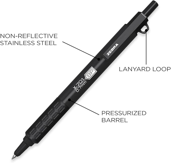 Zebra Pen, X-701 Tactical Ballpoint Pen, Writes in Extreme Conditions, Matte Black Stainless Steel, Refillable, Lanyard Loop, 0.7mm Black Ink, 1-Pack Plus 2 Bonus Refills, (29811)