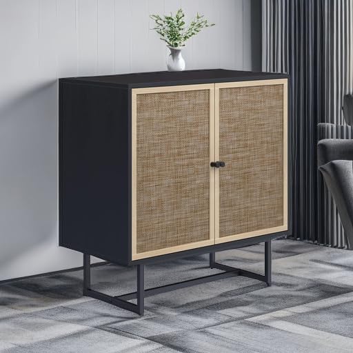 Nathan James Kova Rattan Wood Accent Sideboard Storage Cabinet TV Stand with Matte Metal Frame, Adjustable Shelves and Cane Doors, for Hallway, Entryway or Living Room, Black Oak/Cane, Set of 3