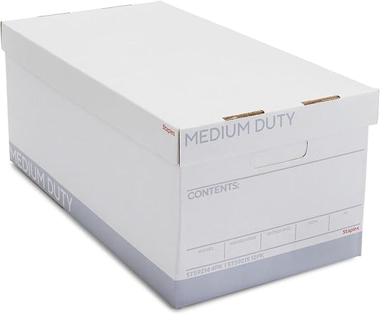 STAPLES Storage & Filing Box, Medium-Duty with Handles & Removeable Lid, Letter Size Documents, Stackable, 12-Pack, White/Gray