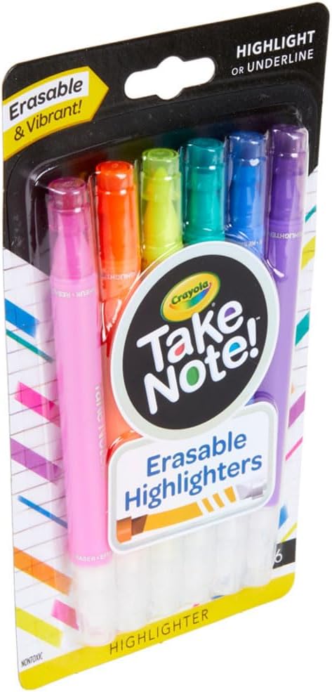 Crayola Take Note Erasable Highlighters (6ct), Assorted No Bleed Highlighters, Chisel Tip Marker Set, For Organizing & Coloring, Gifts