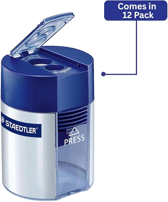 STAEDTLER Pencil Sharpener with 2 Holes - Dual Size Manual Sharpener for Standard, Colored & Makeup Pencils - Compact Design, 12 Pack