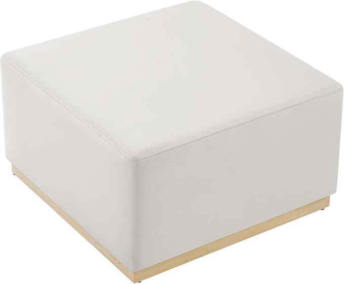 Modway Tilden 28 Inch Square Performance Velvet Upholstered Ottoman in Alabaster Natural - Large Ottoman Foot Rest with Rubberwood Plinth Base, Living Room Ottoman Coffee Table - Velvet Ottoman Table