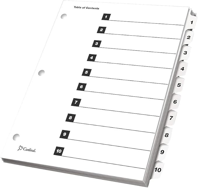 Cardinal OneStep Index System Numeric Paper Dividers, 10-Tab, White (CRD61013)