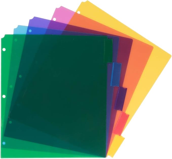 JAM PAPER Plastic Index 5-Tab Dividers - 9 3/4 x 11 1/2 - Assorted Multi-Color - 6 Packs of 5 Tabs/Set