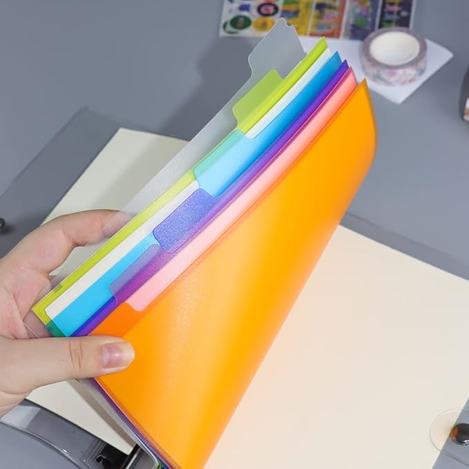 2 Pack A5 Binder Dividers 6 Tabs Bright Color Plastic Binder Index Tabs Planner Divider for Round Ring Binder Sheet Protector (Transparent, 12 Dividers)
