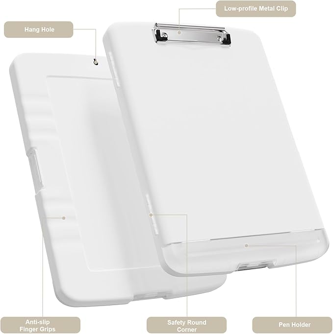 Piasoenc Clipboard with Storage, 8.5 x 11 Organization Box with Pen Holder and A4 Legal Paper Folder, Folio & Side-Opening, Low Profile Clip,for Nurses,Teachers, Size 14 x 9.6 x 1.2 in, White