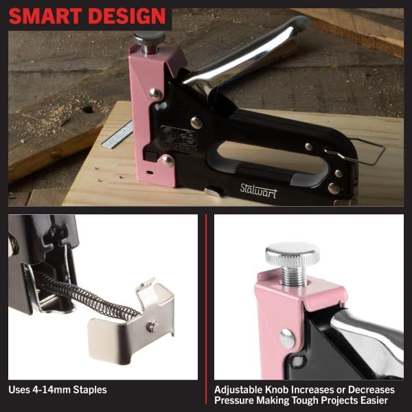Light Duty Staple Gun - Fabric Stapler Gun for Crafts, Cardboard, Bulletin Boards or Classroom with 600 Standard 4-14mm Staples - Pink Stapler with Staples and Plastic Carrying Case by Stalwart