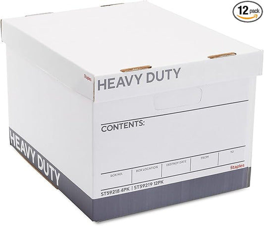 Staples Storage & Filing Box, Heavy-Duty with Handles & Removable Lid, Letter & Legal Size Documents, Stackable, 12-Pack, White/Gray