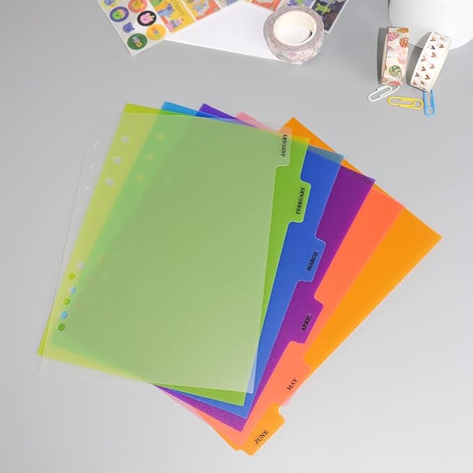 2 Pack A5 Binder Dividers 6 Tabs Bright Color Plastic Binder Index Tabs Planner Divider for Round Ring Binder Sheet Protector (Transparent, 12 Dividers)