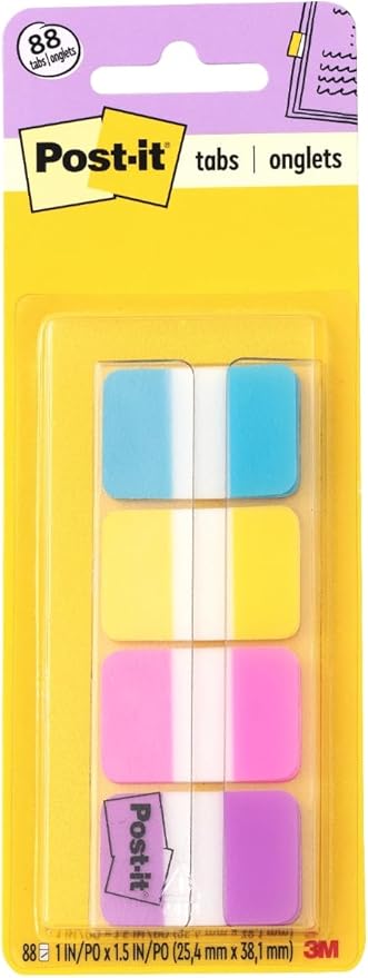 Post-it Tabs, 1 in Solid, Aqua, Yellow, Pink, Violet, 22/Color, 88/Dispenser (686-AYPV1IN)