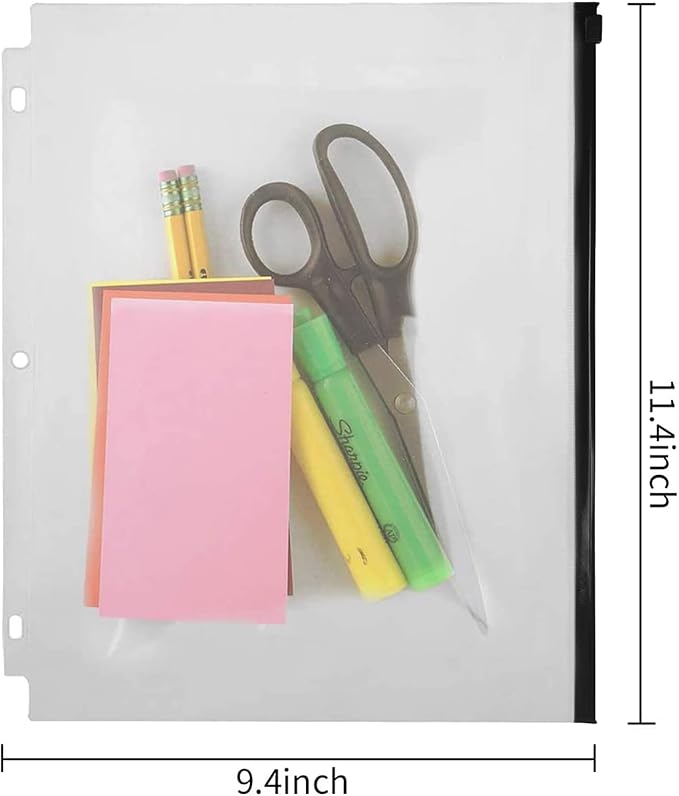 YoeeJob 3 Holes Clear PVC Zipper Binder Pocket Insert Pages Letter Size, 8 1/2"x 11 Loose Leaf Binder Filing Storage Bags 8 Packs(Black)