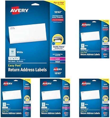 Avery White Return Address Labels | Printable | Sure Feed Technology | Permanent Adhesive | 800 Labels, Pack of 5