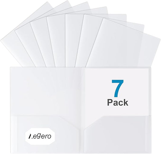 Plastic Folders with Pockets (7 Pack, Clear), Durable Heavy Duty File Folders with Business Card Slot, 2-Pocket Folder for Schoolwork & Office,Letter Size