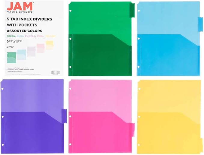 JAM PAPER Plastic Index 5-Tab Dividers w/Double Pockets - 9 3/4 x 11 1/2 - Assorted Multi-Color - 5 Tabbed Dividers/Pack