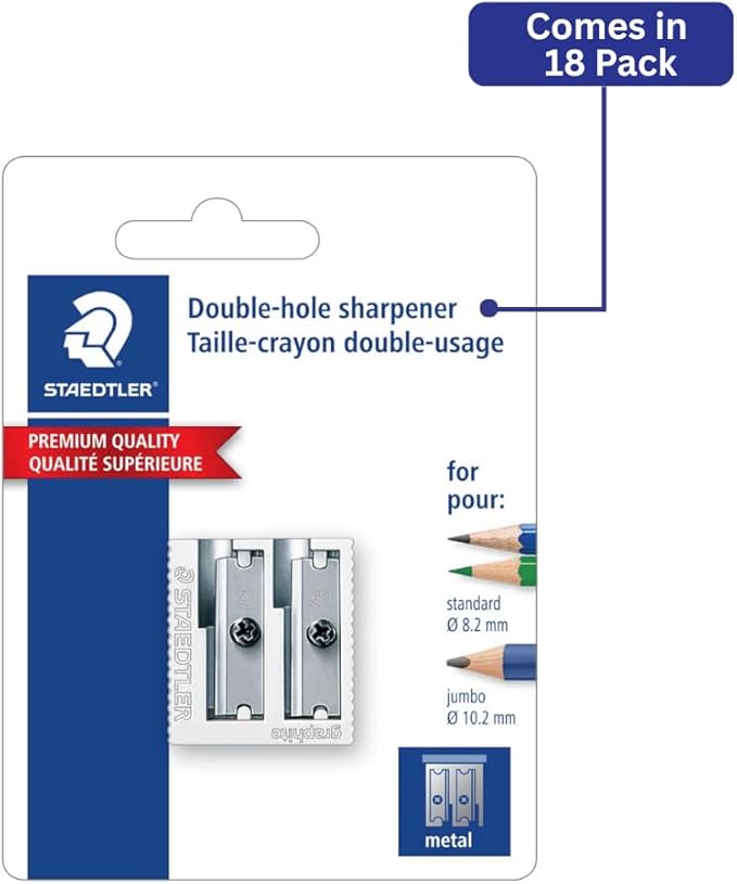 STAEDTLER Metal Double-Hole Pencil Sharpener - Precision 23° & 30° Angles for Standard & Colored Pencils - 3-Point Blade Design for Sharp Lines, 18 Pack