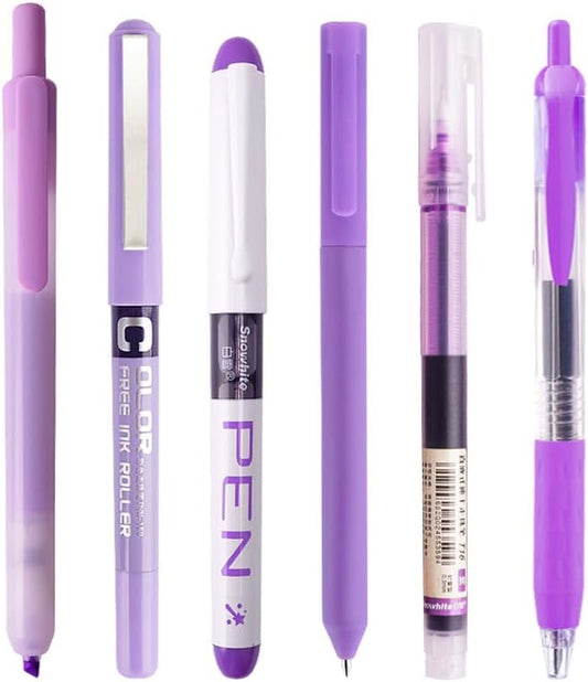 Purple and Black Ink Gel Pens with Bible Journaling Highlighter, Fine Point 0.5mm Cute Colorful Gel Pens No Bleed for Office School, Note Taking, 5 Purple, 1 Black