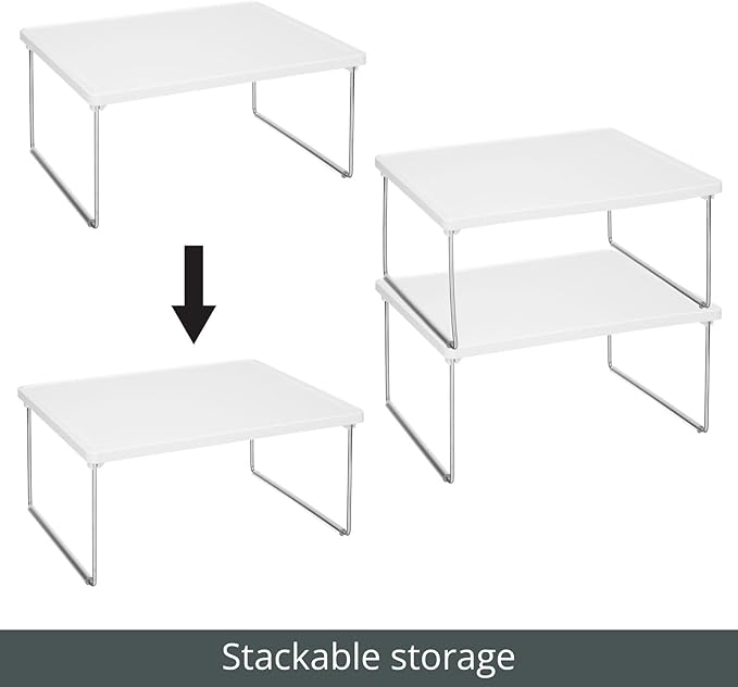 mDesign Metal Stacking Storage Organization for Shelves Inside Closet in Bedroom, Bathroom, Hall, or Entryway - Organizer Stand for Clothing, Linen, Household Items, Ligne Collection, 2 Pack, White