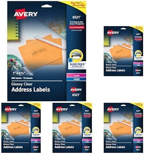 Avery Address Labels Clear 1" x 2-5/8" | Glossy | Sure Feed Technology | For Laser & Inkjet Printers | 300 Labels, Pack of 5