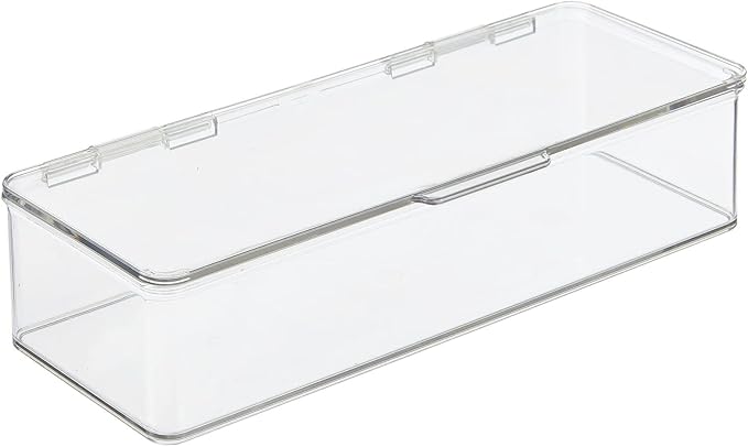 mDesign Office Supplies Desk Organizer Box with Lid for Staplers, Scissors, Pens, Sticky Notes, Highlighters, Tape - 3" Tall, Long, Clear