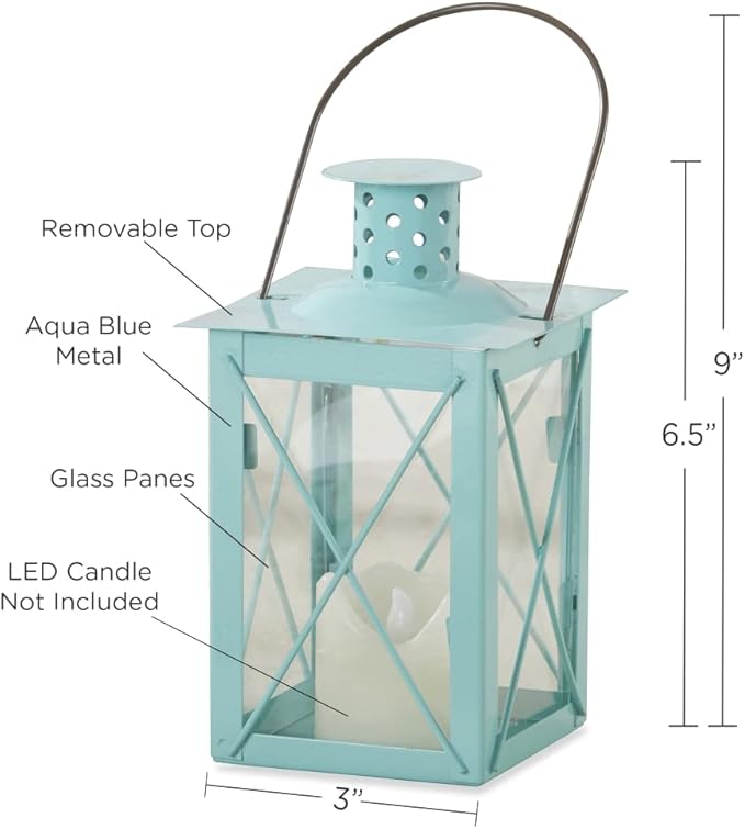 Kate Aspen Rustic Shelf Decor Luminous Vintage Tea Light Votive Candle Holders, Medium Metal Decorative Lantern, Teal Blue