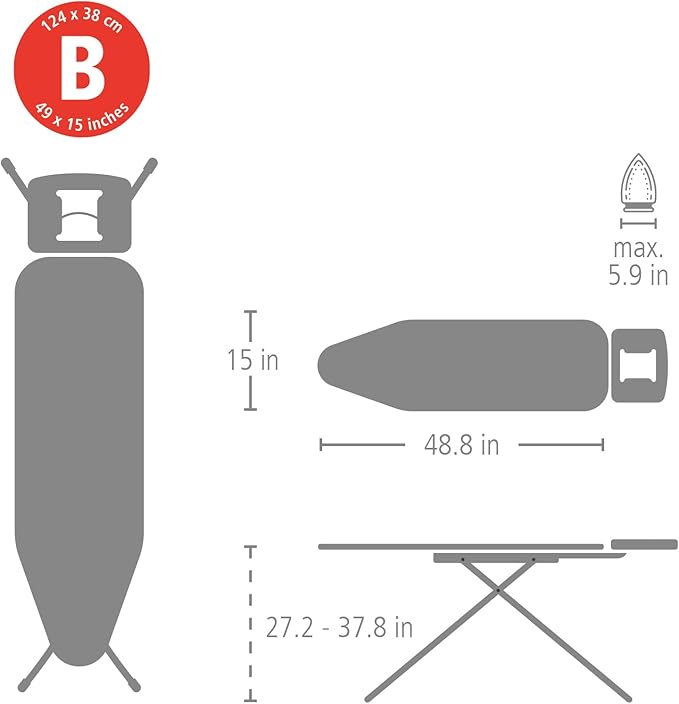 Brabantia - Ironing Board B – Solid Steam Iron Rest – Adjustable Height – Non-Slip Rubber Feet – 100% Fairtrade Cotton Cover with Foam Padding – Foldable – Denim Black – Size B (49 x 15 in)