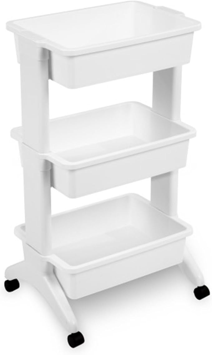Sterilite 3 Tier Utility Cart Portable Storage Open Bin Organizer with 360 Degree Smooth Rolling Caster Wheels, Supports 10 lb Per Tier, White, 9-Pack