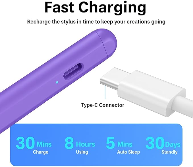 Pencil for iPad 11th/10th,2018-2025 Fast Charge Stylus Pen Palm Rejection Tilt Sensitivity Apple Pencil for iPad A16/11/10/9/8/7/6th,Pro 12.9"/11"/13" M5/M4,Air M3/M2/5/4,Mini A17/6th/5th-Purple