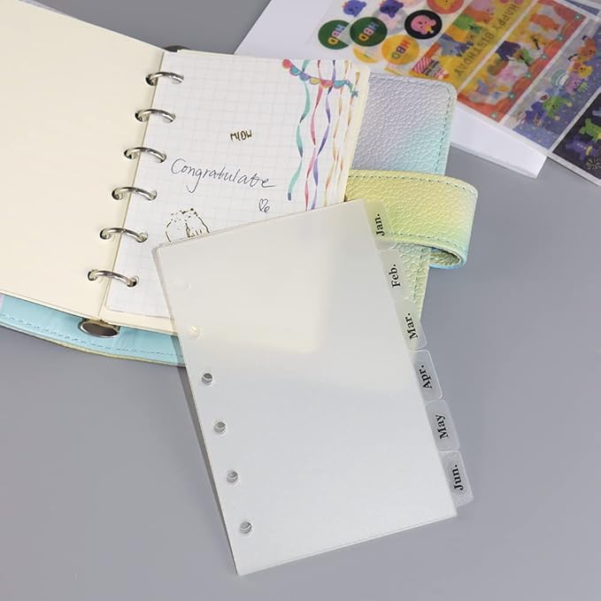 2 Pack A7 Binder Dividers 6 Tabs Clear Plastic Binder Index Tabs Planner Divider for Round Ring Binder Sheet Protector (Total 12 Dividers)