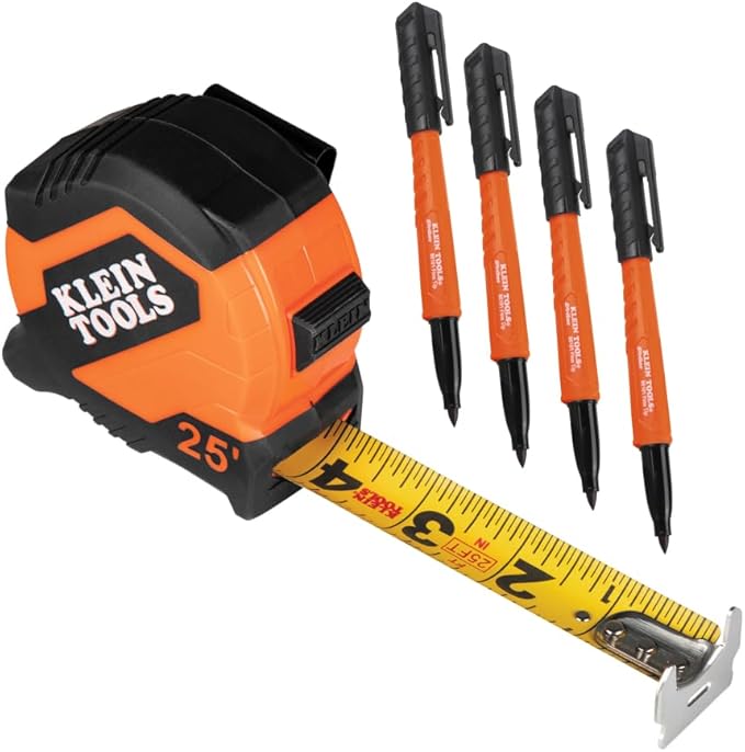 KLEIN TOOLS 80187 Skribes Measure and Mark Set with 4-Pack of Black Fine Tip Permanent Markers and 25-Foot Compact Double-Hook Tape Measure