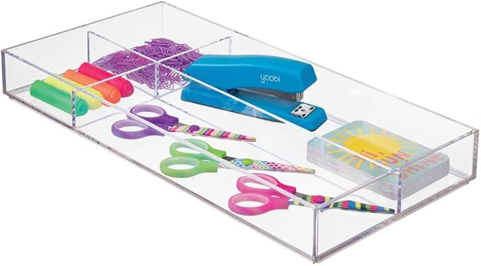 mDesign Plastic Stackable Office Divided Storage Drawer Organizer Tray for Cabinet, Desk, Shelf, or Closet Organization - Holds Note Pads, Pens, Tape, Staples, Scissors, Lumiere Collection - Clear