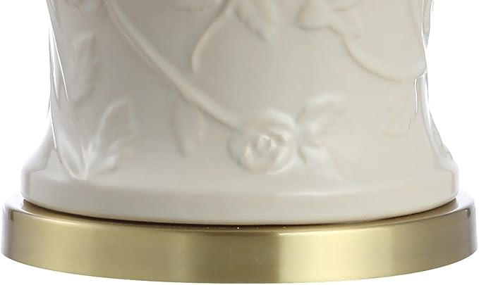 JONATHAN Y 29.5" Cream Ceramic Chinoiserie Table Lamp, Traditional Ginger Jar Lamp for Living Room Bedroom, White Linen Empire Shade, Brass Gold Base, LED Bulb Included JYL6604A