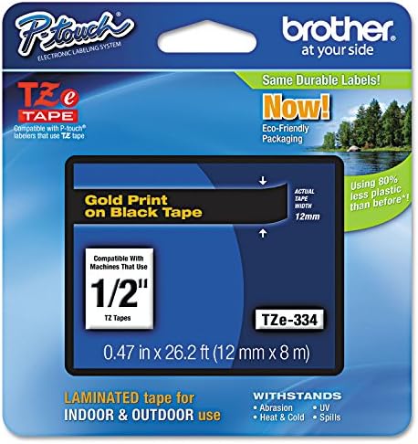Brother 1/2 inch Laminated Gold On Black Tape 1/pkg 26.2 Ft for Tz P-Touch All Tz Machines New