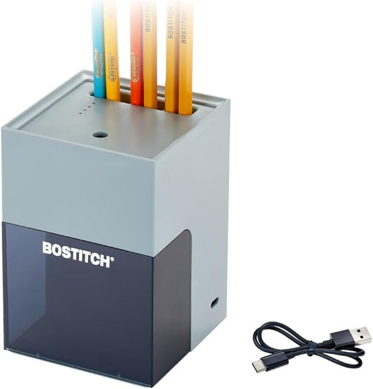 Bostitch Konnect Rechargeable Pencil Sharpener (USB-C), Auto-Stop Helical Cutter, Portable Electric Sharpener for No.2/Colored Pencils, Home, Office, Classroom, Gray
